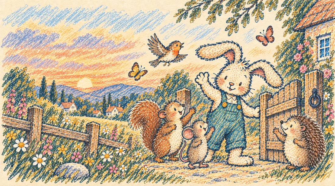 Benny celebrating with friends in a cottage garden at sunset