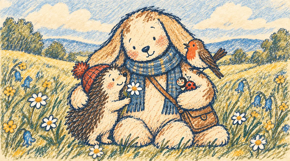 A rabbit in a blue scarf with a hedgehog and a robin in a flowery meadow