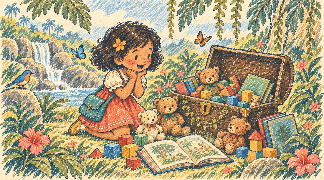 Mia discovering a treasure chest in a magical jungle